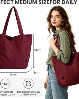 Lightweight Nylon Tote Bag, Medium Work Bag with Zipped Compartment, Fits 13″ Laptop, Water Bottle Pockets, Machine Washable, Everyday Gym Travel Tote