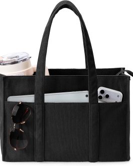 Corduroy Tote Bag with Zip, Large Shoulder Bag with Multi Pockets, Lightweight Work Bag for Laptop, College, School, Travel & Everyday Use